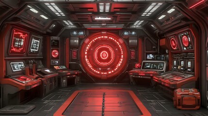 Poster - Futuristic spaceship interior with red lighting, control panels, and circular door.