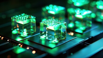 Poster - Futuristic Digital Technology with Glowing Green Cubes on Display