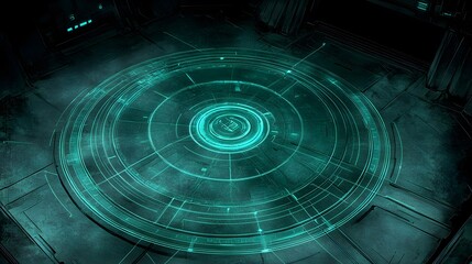 Poster - Futuristic teal circular interface on dark metallic floor.