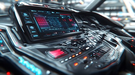 Poster - Futuristic vehicle control panel with digital display and illuminated buttons.