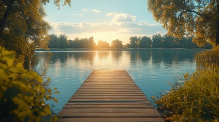 Wall Mural - A tranquil lakeside view at sunset with a wooden dock extending into calm waters.