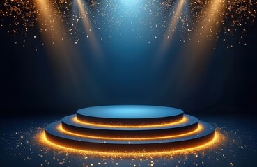 Poster - Dark blue stage with golden spotlight lines, glitter texture. Award ceremony design. Realistic 3D abstract background. Elegant, glamorous scene. Suitable for product presentation, award ceremony,