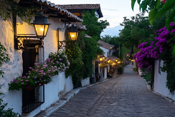Poster - A serene old town with cobblestone streets and vintage lanterns lit at dusk