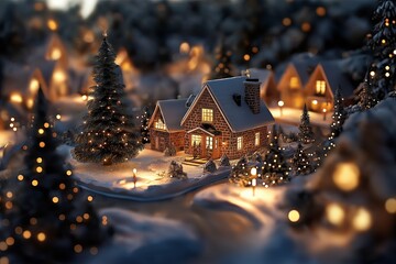 Poster - A sparkling snowy village scene during the holiday season, lit with warm fairy lights
