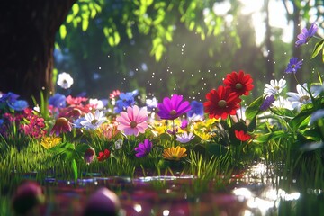 Poster - A spring meadow filled with vibrant wildflowers and soft, morning dew.