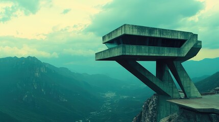 Wall Mural - A geometric observation tower with slanted walls and irregularly angled viewing platforms, standing against a mountain backdrop