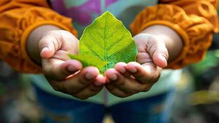 Wall Mural - the child holds a green leaf in his hands. selective focus