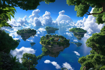 Poster - A surreal fantasy world with floating islands orbiting a massive planet.