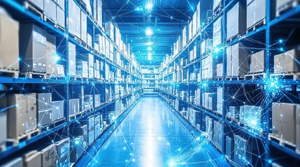 Poster - Modern Warehouse Storage with Digital Network Connections and Boxes
