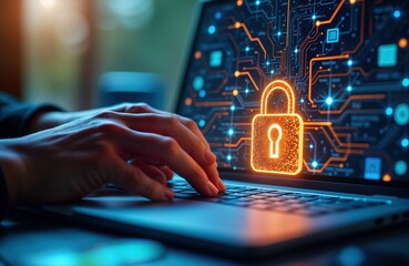 Poster - Hands type on laptop keyboard. Holographic lock icon on screen shows tech security, data protection. Person works on secure tech. Modern digital security concept. Cyber protection theme. Data safety