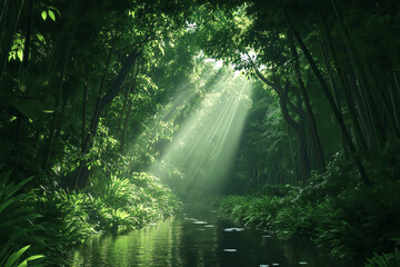 Poster - A tranquil bamboo forest with light rays piercing through the dense greenery.