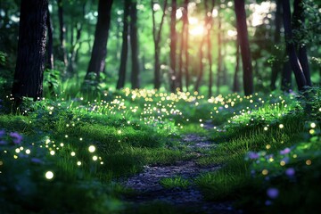 Poster - A tranquil forest clearing filled with glowing fireflies at twilight