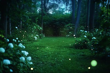 Wall Mural - A tranquil forest clearing filled with glowing fireflies at twilight