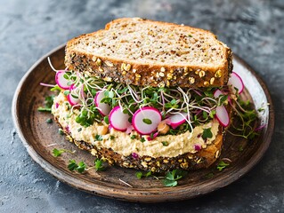 Poster - A vibrant sandwich layered with sprouts, radishes, and hummus on whole grain bread.