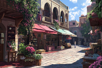 Poster - A vibrant marketplace in a traditional Middle Eastern city, alive with color and activity