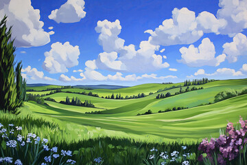 Poster - A vibrant oil painting-style landscape of rolling green hills and a bright blue sky.