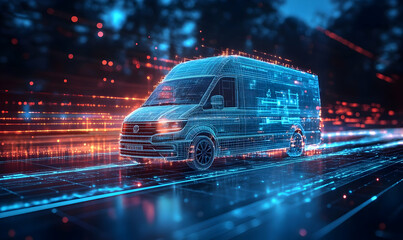 Poster - A digital representation of a van, showcasing technology and motion through glowing lines.
