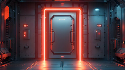 Poster - A futuristic corridor featuring a glowing door, suggesting advanced technology and exploration.