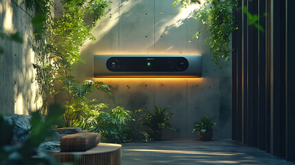 Poster - A modern soundbar mounted on a textured wall surrounded by greenery in a cozy setting.
