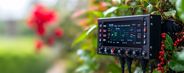 Poster - A device mounted on a plant, displaying audio settings and environmental elements.