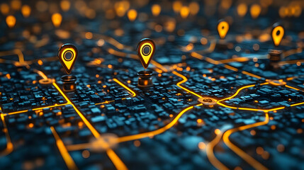 Poster - A digital map with location pins and illuminated streets, showcasing urban navigation.