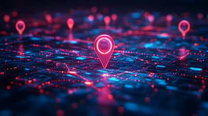 Poster - Abstract digital map with glowing location pins in red and blue hues.
