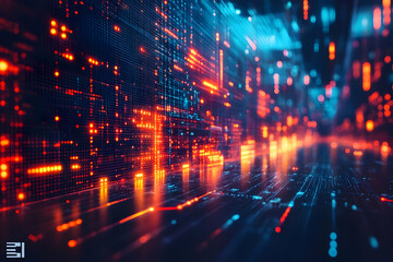 Poster - Abstract digital landscape with glowing lines and patterns, representing data flow and technology.