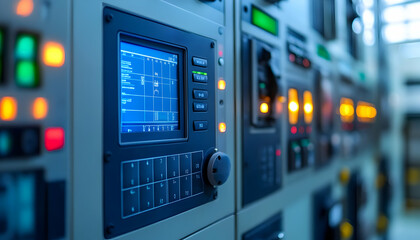 Poster - Control panel with digital display and indicator lights in an industrial setting.
