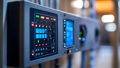 Poster - Control panel with digital displays and buttons for monitoring and managing systems.