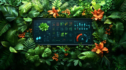 Poster - A digital interface surrounded by lush foliage, suggesting interaction with nature or technology.