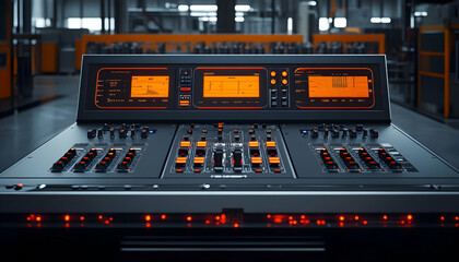 Poster - A control panel with illuminated displays and buttons, likely for industrial or technical use.