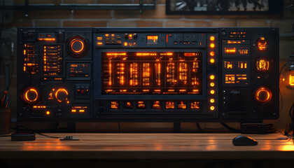 Poster - A retro-futuristic control panel with glowing orange lights and various knobs and buttons.