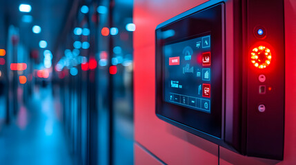 Poster - A close-up of a control panel with illuminated buttons in a modern, dimly lit environment.
