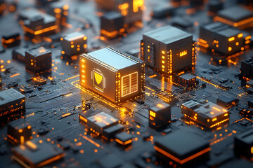 Poster - A close-up of a futuristic circuit board with illuminated components and a central processor.