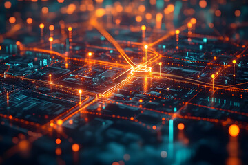 Poster - A digital cityscape with glowing connections and data points, representing technology and networking.
