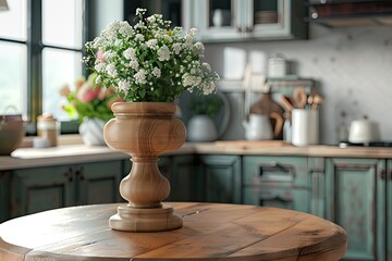 Poster - Wooden Pedestal on Table in Kitchen Interior and Free Space for Your Decoration