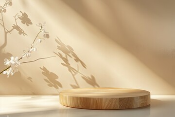 Poster - Wooden Product Display Podium with Natural White Flowers in Summer Sunlight