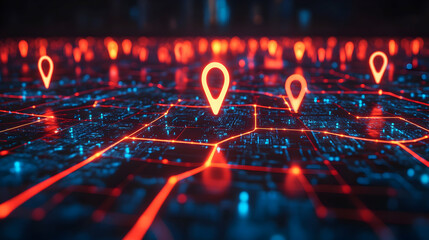 Poster - A digital landscape with glowing location pins on a network grid.
