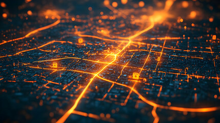 Poster - A digital representation of a cityscape with glowing pathways and data points.