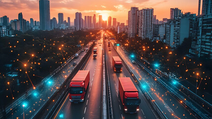 Poster - A bustling city highway at sunset with trucks and digital connections.