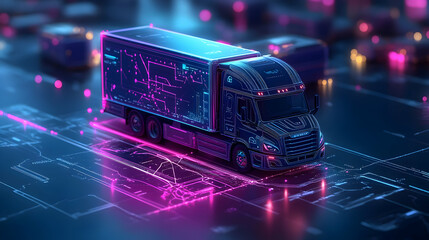 Poster - A futuristic truck model on a digital blueprint with neon accents.