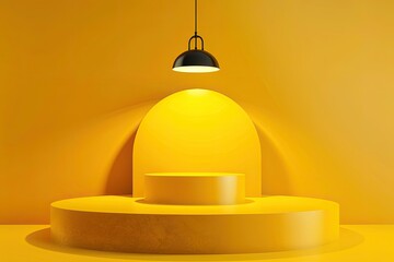 Poster - Yellow Pedestal Stage Podium for Product Showcase with Hanging Lamp Lighting
