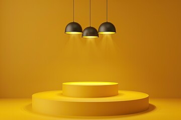 Poster - Yellow Pedestal Stage Podium for Product Showcase with Hanging Lamp Lighting