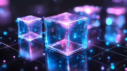 Poster - Glowing cubes with digital data and security lock symbols on dark background.