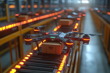 Poster - A drone on a conveyor belt in a warehouse, showcasing automated delivery systems.