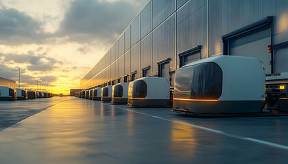 Poster - Automated transport vehicles lined up in a modern industrial setting during sunset.