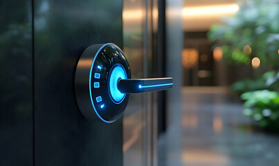 Poster - A modern digital door lock with a sleek design and illuminated interface.