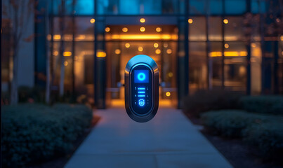 Poster - A futuristic device hovering near a building entrance, illuminated at night.