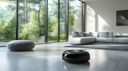 Aufkleber - Modern living room with a robotic vacuum and large windows overlooking greenery.