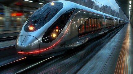 Poster - A sleek, modern train speeding through a station, showcasing advanced transport technology.